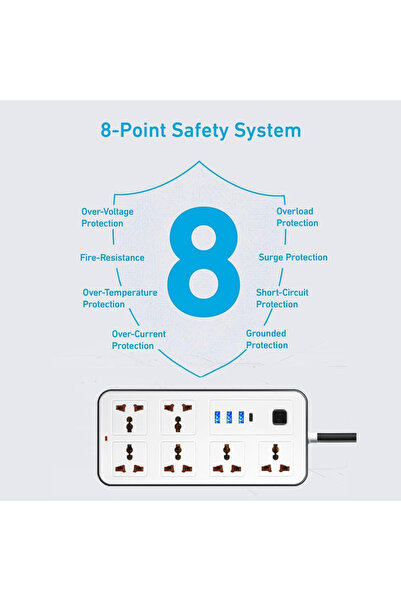 Eworld وصلة تمديد كهربائية مع حماية من زيادة التيار - 6 مقابس، 3 منافذ USB، منفذ واحد من النوع C، كابل بطول 2 متر، قابلة للتثبيت على الحائط