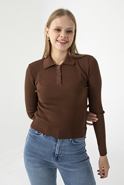 GİYSA Women's Polo Neck Button Detailed Ribbed Knitwear Bodysuit Brown - 25K 2057