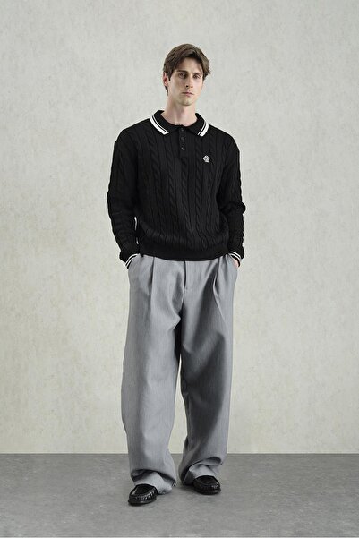 GIESTO Knitted Patterned Polo Neck Tricot Black Sweater