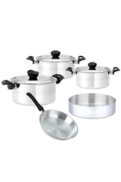 Golden Crown طقم اواني طهي 3قدور المنيوم بيد بلاستيك 18/22/26سم ومقلاة بيد بلاستيك 26سم وصينية فرن 26سم