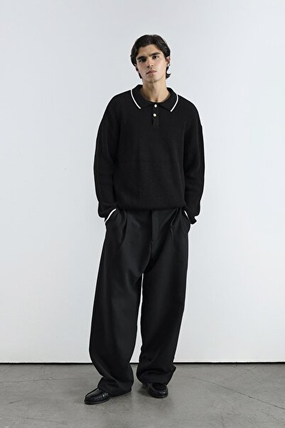 GIESTO Gold Buttoned Contrast Striped Polo Neck Black Sweater