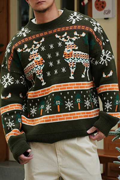 Tarz Cool Men's Khaki Deer Patterned Off-Shoulder Long Sleeve Knitted Sweater