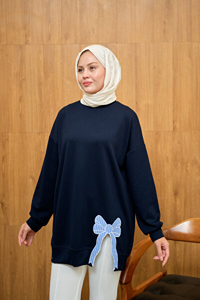 LOCCO Women's Bow Embroidered Tunic Navy Blue