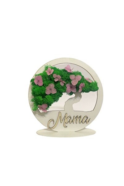 ALVAL Tablou decorativ bonsai decorat cu mușchi stabilizat și flori, gravat „Mama”, verde cu alb