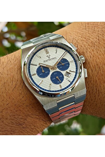 Raymond ساعة يد رجالية من الفولاذ بتفاصيل زرقاء من سلسلة كرونوغراف