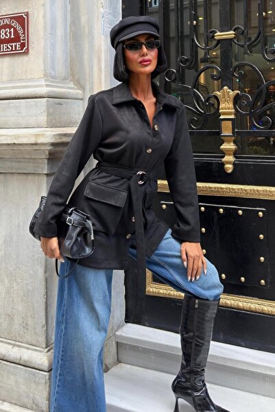 Lijuri Jachetă cămașă midi cu curea și buzunare -NEGRU