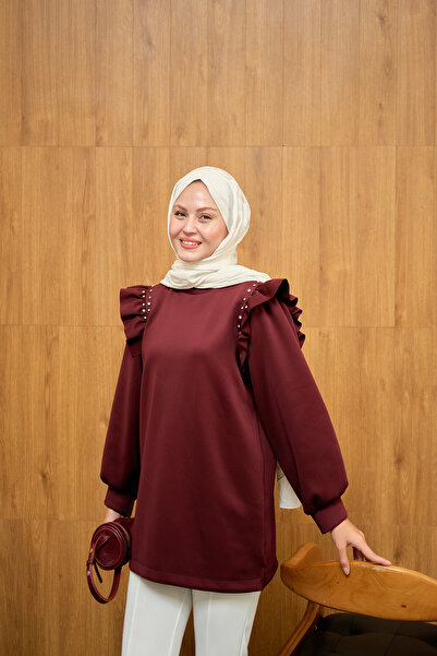 LOCCO Γυναικείο Τούνικ με Πέτρες με Λεπτομέρεια Ρούχο Βουργουνδίας