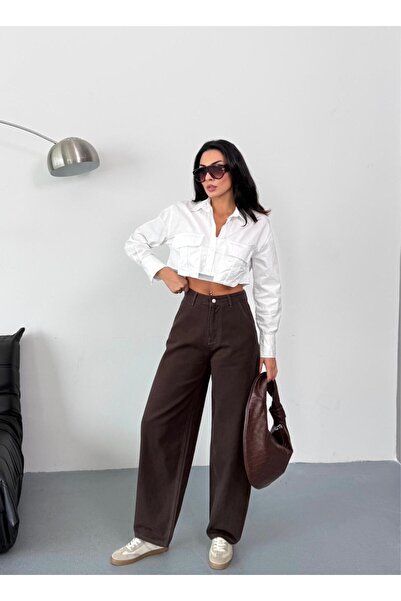 XBELLA DENİM KADIN KAHVERENGİ SKATER FİT YÜKSEK BEL GENİŞ PAÇA KOT PANTOLON