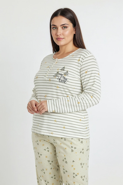 Bravie Σετ πιτζάμες με οριζόντιες γραμμές στο επάνω μέρος και έξι σχέδια στο κάτω μέρος Elite Viscose Long Plus Size Λευκό 3590