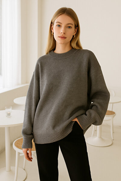 Rich Kadın Antrasit Oversize Bisiklet Yaka Triko Kazak