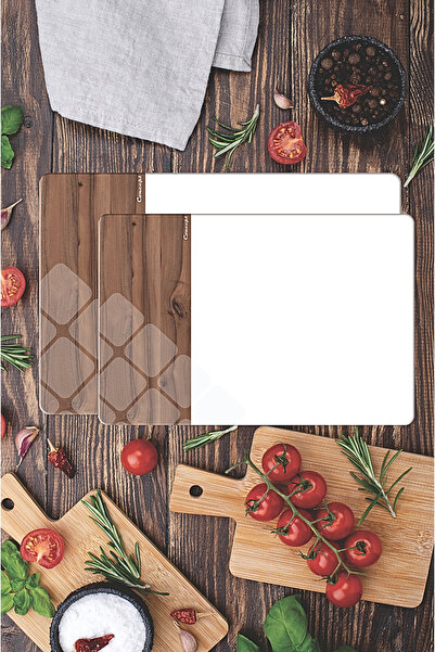 CONCEPT CAM 2-Piece Tempered Glass Cutting Board 20X30 & 25X35 cm |   White Log Pattern Hygienic Kitchen Chopping Glass