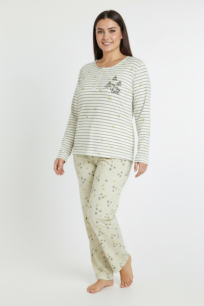 Bravie Σετ πιτζάμες με οριζόντιες γραμμές στο επάνω μέρος και έξι σχέδια στο κάτω μέρος Elite Viscose Long Plus Size Λευκό 3590