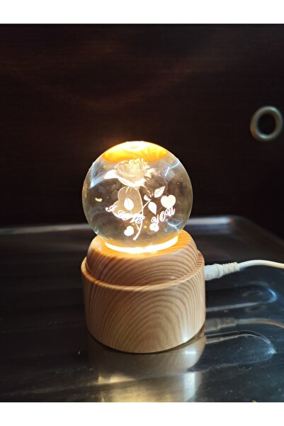 ZVR Hediye Dünyası Dönen Ahşap Standlı 3D Kristal Küre - Gezegen,Dünya,Ay,Gül...