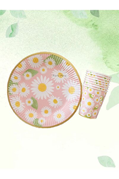 Baloncuu Papatya Desenli Karton Tabak Bardak 8'li Set