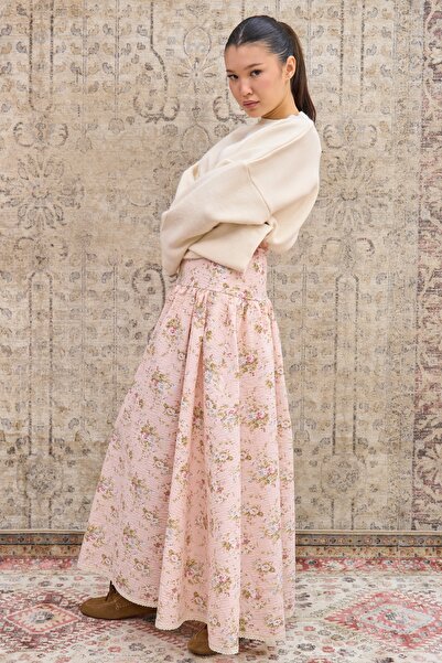 KÜÇÜĞÜM BUTİK Vintage Pink Floral Lace Balloon Seersucker Skirt