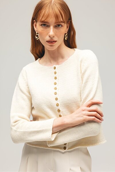 Saade Ekru Kadın Ahşap Düğmeli Uzun Kollu Bisiklet Yaka Triko Hırka