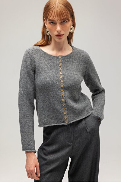 Saade Anthracite Women's Wooden Buttoned Long Sleeve Crew Neck Knitwear Cardigan