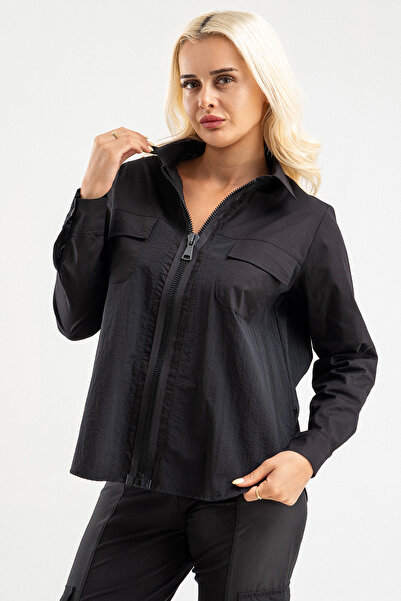 Bold & Young Women's Black Zippered Pocket Shirt Top – Long Sleeve Sporty Stylish Design