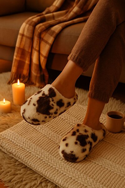 BellaPiede Kadın Ev Pandufu – Yumuşak Kürklü Sıcak Tutan Kahverengi Beyaz Des...