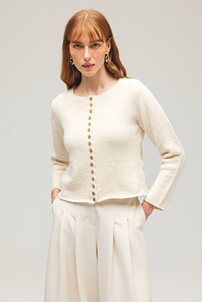 Saade Ekru Kadın Ahşap Düğmeli Uzun Kollu Bisiklet Yaka Triko Hırka