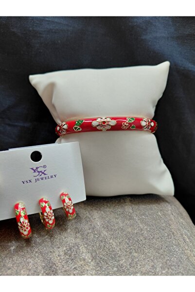 lavantebutik Mineli Çiçekli Renkli Küpe ve Kelepçe Bileklik Set Çelik Kadın