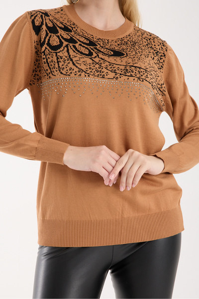 Moda Days Bluză din tricot din țesătură din viscoză Elite bej pentru femei cu pietre aplicate guler rotund