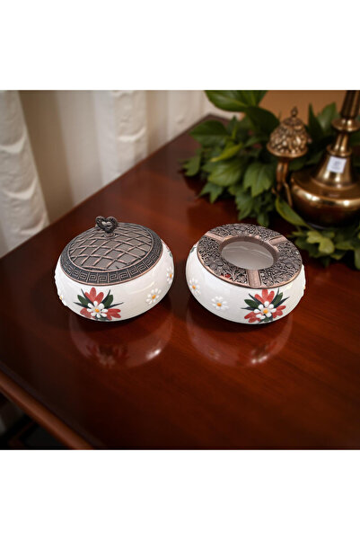 İlbay Çini Takı Kırmızı Çiğdem Çiçeği şekerlik küllük takımı