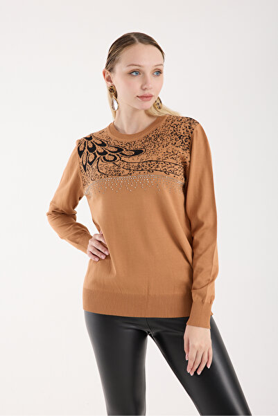 Moda Days Bluză din tricot din țesătură din viscoză Elite bej pentru femei cu pietre aplicate guler rotund