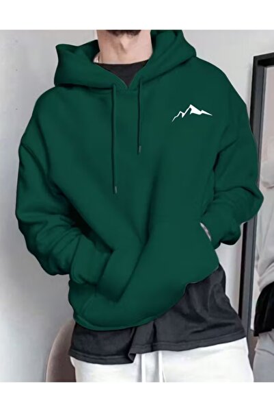 shi dumanlar giyim Oversize Bay Gögüs Dağ Tasarım Baskılı Kapüşonlu Sweatshirt