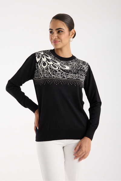 Moda Days Bluză din tricot din țesătură de viscoză Elite neagră pentru femei cu pietre aplicate guler rotund