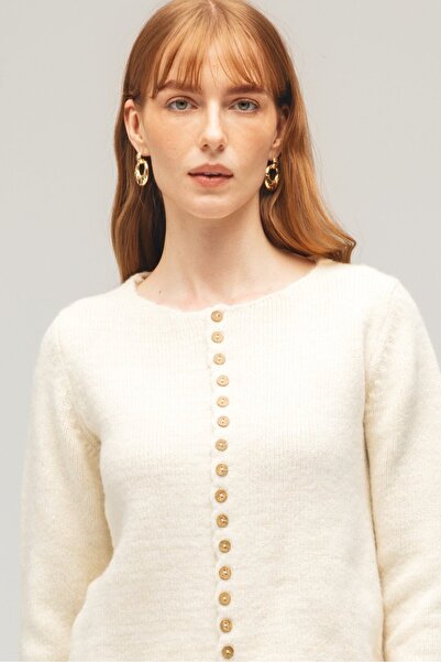 Saade Ekru Kadın Ahşap Düğmeli Uzun Kollu Bisiklet Yaka Triko Hırka