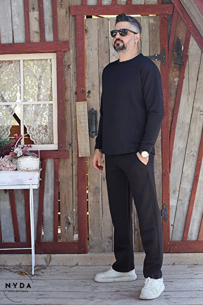 Nyda Collections Men's Quilted Fabric Regular Long Sleeve Sweatshirt with Pockets Elastic Waist Lace-Up Pants Set