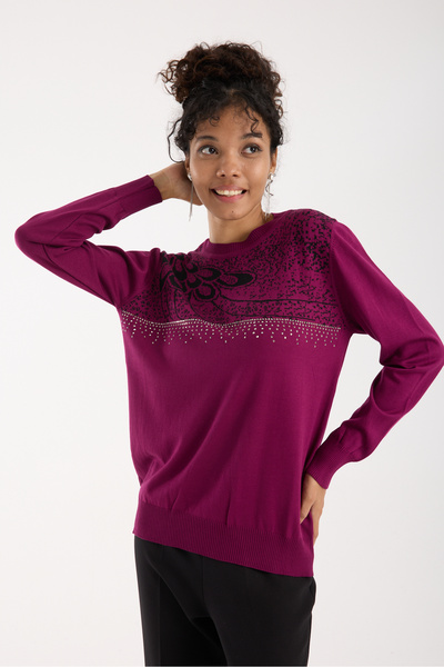 Moda Days Bluză din tricot din țesătură din viscoză Plum Elite pentru femei cu pietre aplicate guler rotund