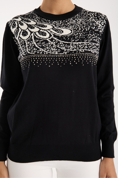 Moda Days Bluză din tricot din țesătură de viscoză Elite neagră pentru femei cu pietre aplicate guler rotund