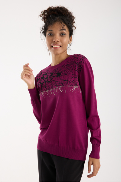 Moda Days Bluză din tricot din țesătură din viscoză Plum Elite pentru femei cu pietre aplicate guler rotund