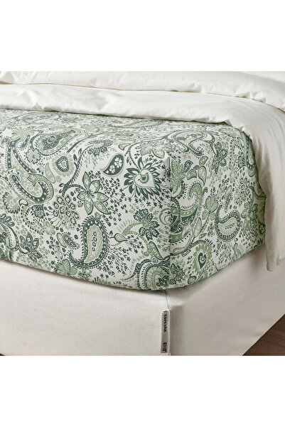 IKEA RODGERSIA Fitted Sheet – Green/White, 90x200 cm | Soft Cotton-Viscose Blend