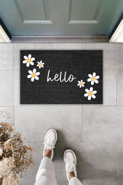 Dormot Dekoratif Dijital Paspas Kişiye Özel Tasarım Papatyalı Hello Füme Kapı...