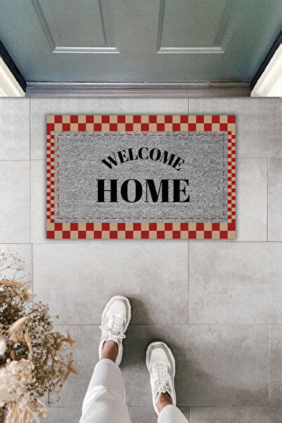 Dormot Dekoratif Dijital Paspas Kişiye Özel Tasarım Kareli Welcome Home Gri K...