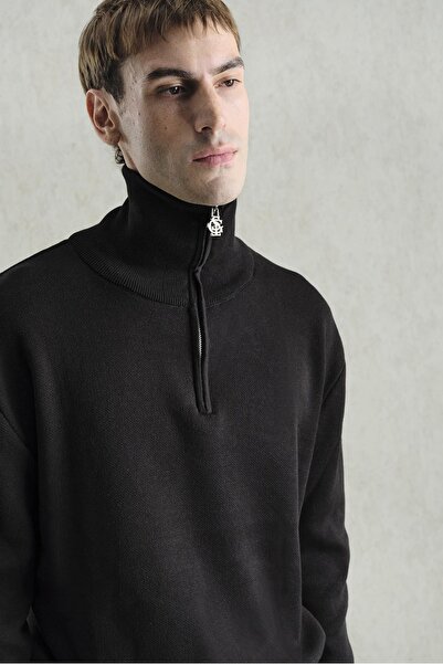 GIESTO Regular Fit High Neck Black Sweater with Zipper