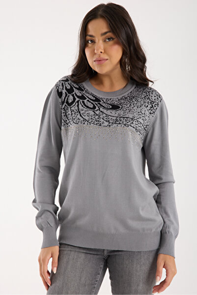 Moda Days Women's Gray Elite Viscose Fabric Stone Detailed Crew Neck Knitwear Blouse