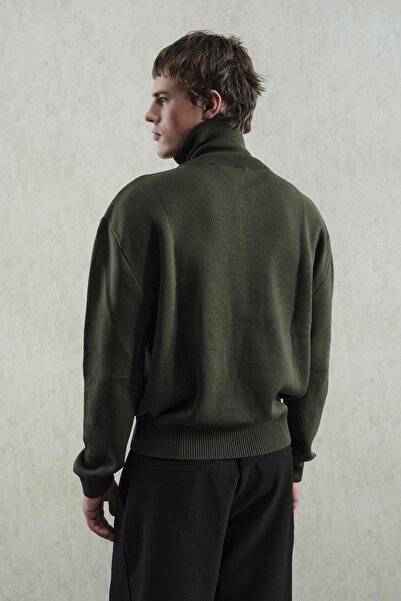 GIESTO Zipped Regular Fit High Neck Khaki Sweater