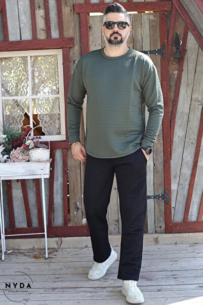 Nyda Collections Men's Quilted Fabric Regular Long Sleeve Sweatshirt with Pockets Elastic Waist Lace-Up Pants Set