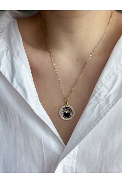 CHARMLUCKY SİYAH KALP PLAKA KOLYE