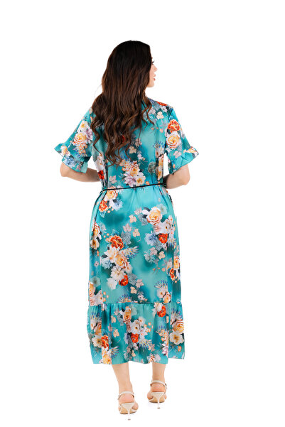 amaan Modern Womens Floral Print Satin Midi Jalabiya Dress, Traditional Arabic Style with Ruffle Sleeves,
