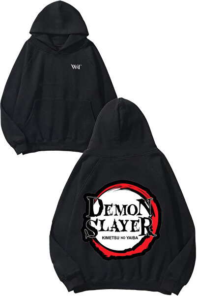 THEWERT Hanorac negru cu glugă cu imprimeu pe spate Demon Slayer 1 Design