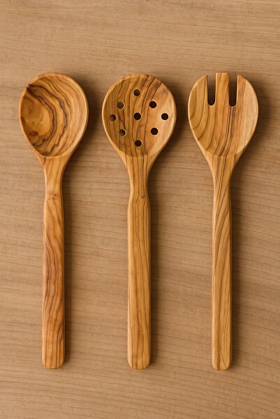 Home Natural Olive Wood Wooden Kitchen Spoon Set (3 Pieces) – Salad & Food Se...