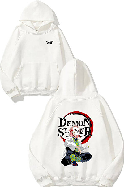 THEWERT سويت شيرت أبيض بقلنسوة مطبوع عليه تصميم Demon Slayer Cat على الظهر