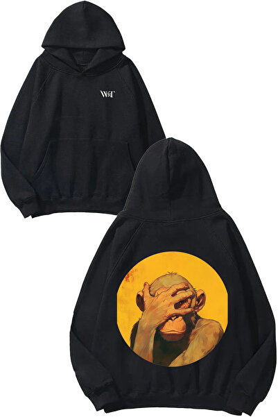 THEWERT Hanorac negru cu glugă cu imprimeu pe spate Utanan Monkey Design