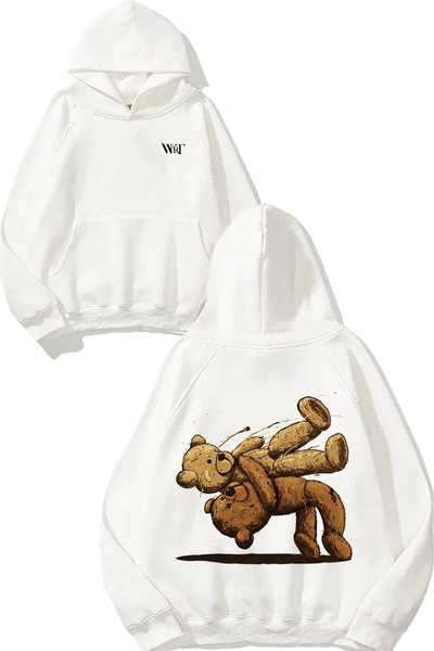 THEWERT Hanorac alb cu glugă cu imprimeu pe spate Bear Fight Design