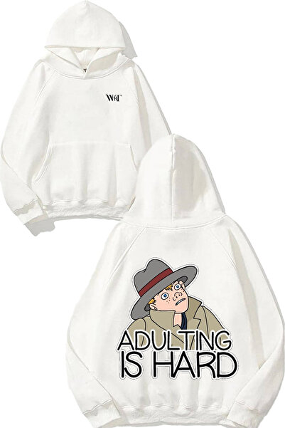 THEWERT Adulting Is Hard Design Hanorac alb cu glugă cu imprimeu pe spate